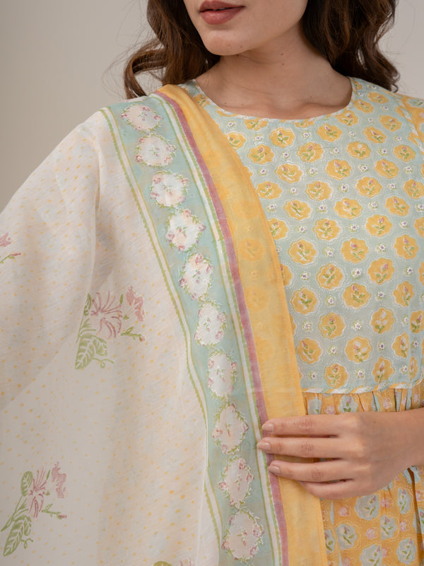 Cotton Hand Block Printed Dupatta - Yellow