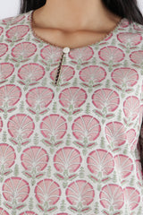 Pink Floral Hand Block Printed Cotton Kurta