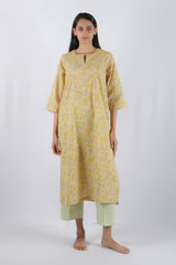 Yellow Floral Hand Block Printed Cotton Kurta