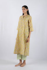 Yellow Floral Hand Block Printed Cotton Kurta