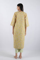 Yellow Floral Hand Block Printed Cotton Kurta