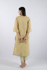 Yellow Floral Hand Block Printed Cotton Kurta