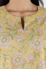 Yellow Floral Hand Block Printed Cotton Kurta