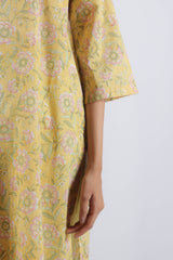 Yellow Floral Hand Block Printed Cotton Kurta