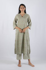 Green Hand Block Printed Cotton Kurta