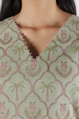 Green Hand Block Printed Cotton Kurta