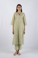 Green Floral Hand Block Printed Cotton Kurta