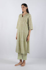 Green Floral Hand Block Printed Cotton Kurta