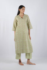 Green Floral Hand Block Printed Cotton Kurta