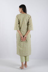Green Floral Hand Block Printed Cotton Kurta