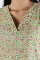 Green Floral Hand Block Printed Cotton Kurta