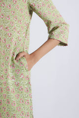 Green Floral Hand Block Printed Cotton Kurta