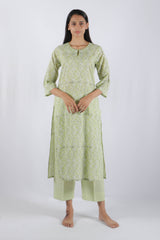 Green Floral Hand Block Printed Cotton Kurta