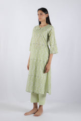 Green Floral Hand Block Printed Cotton Kurta