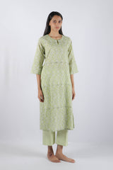 Green Floral Hand Block Printed Cotton Kurta