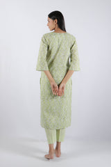 Green Floral Hand Block Printed Cotton Kurta