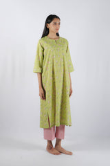 Green Hand Block Printed Cotton Kurta