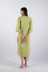 Green Hand Block Printed Cotton Kurta