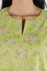 Green Hand Block Printed Cotton Kurta
