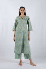 Green Floral Hand Block Printed Cotton Kurta