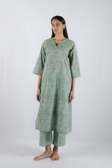 Green Floral Hand Block Printed Cotton Kurta