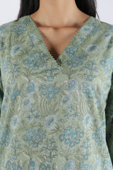 Green Floral Hand Block Printed Cotton Kurta