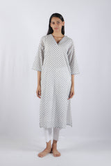 White & Blue Block Printed Cotton Straight Kurta