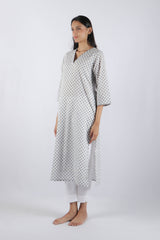 White & Blue Block Printed Cotton Straight Kurta
