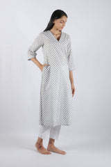White & Blue Block Printed Cotton Straight Kurta