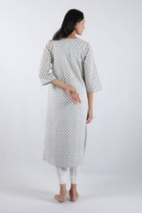 White & Blue Block Printed Cotton Straight Kurta