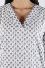 White & Blue Block Printed Cotton Straight Kurta