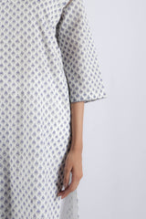 White & Blue Block Printed Cotton Straight Kurta