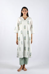 Off-White Hand Block Printed Cotton Straight Kurta