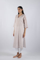 White & Pink Block Printed Cotton Straight Kurta