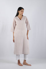 White & Pink Block Printed Cotton Straight Kurta