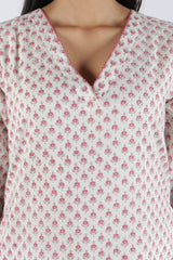 White & Pink Block Printed Cotton Straight Kurta