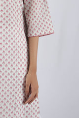 White & Pink Block Printed Cotton Straight Kurta