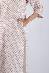 White & Pink Block Printed Cotton Straight Kurta
