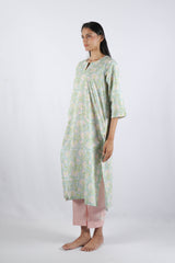 Green Floral Hand Block Printed Cotton Kurta