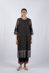Black Hand-Block Ajrakh Printed Cotton Straight Kurta