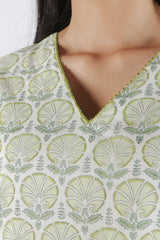 Green Hand Block Printed Cotton Kurta Set