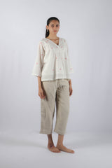 White Jamdani Cotton V-Neck Top