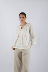 White Jamdani Cotton V-Neck Top