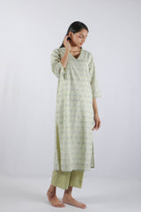Green Hand Block Printed Cotton Kurta Set