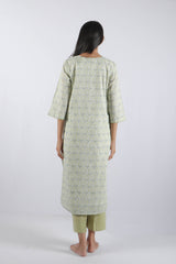 Green Hand Block Printed Cotton Kurta Set