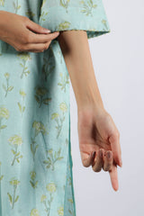 Blue Floral Hand Block Printed Cotton Kurta