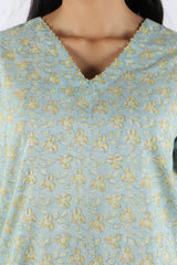 Blue & Yellow Floral Hand Block Printed Cotton Kurta