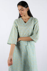 Blue & Yellow Floral Hand Block Printed Cotton Kurta