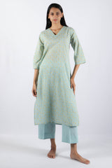 Blue & Yellow Floral Hand Block Printed Cotton Kurta