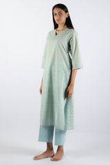 Blue & Yellow Floral Hand Block Printed Cotton Kurta